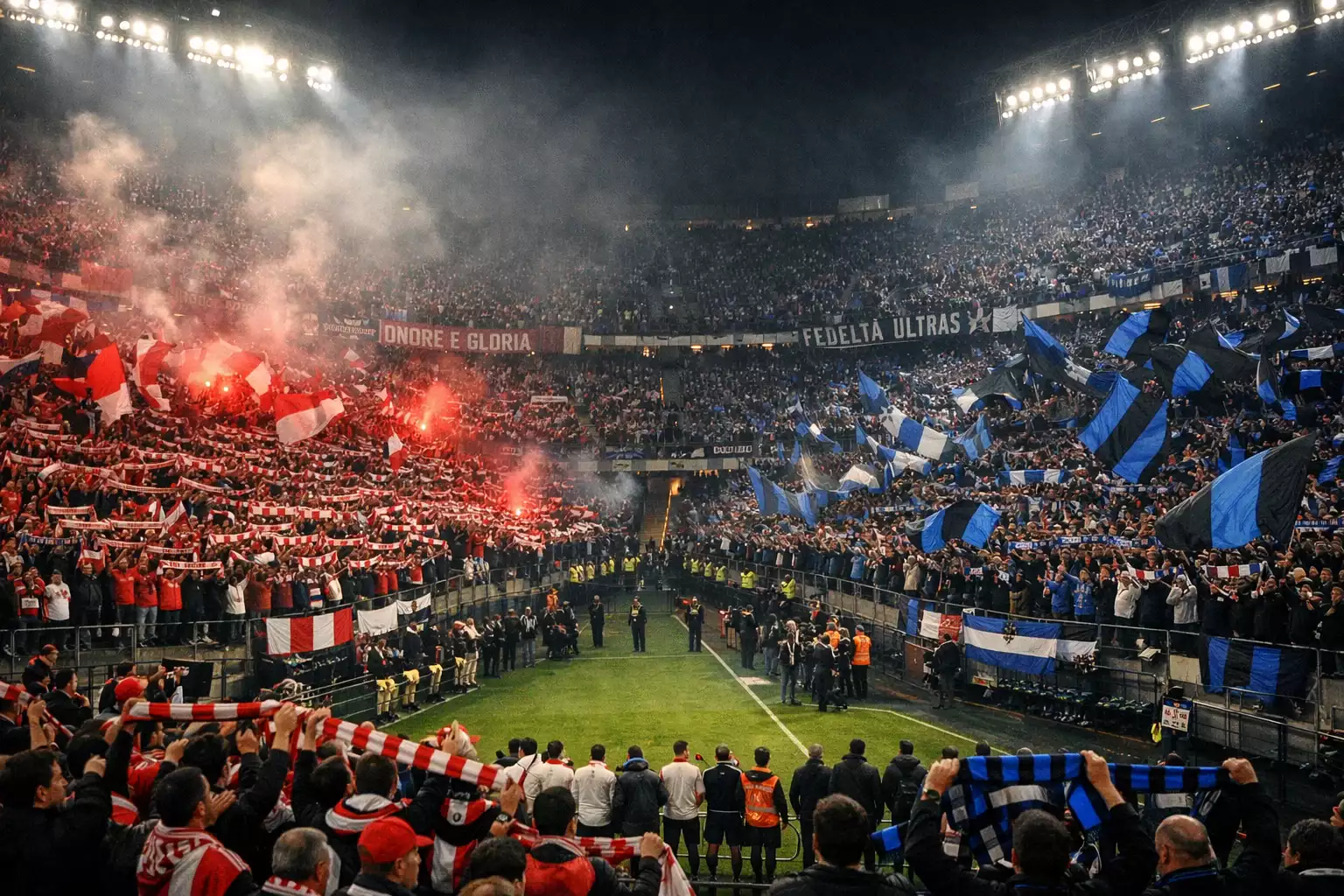 Atmosfera intensa durante un derby italiano con tifoserie divise sugli spalti