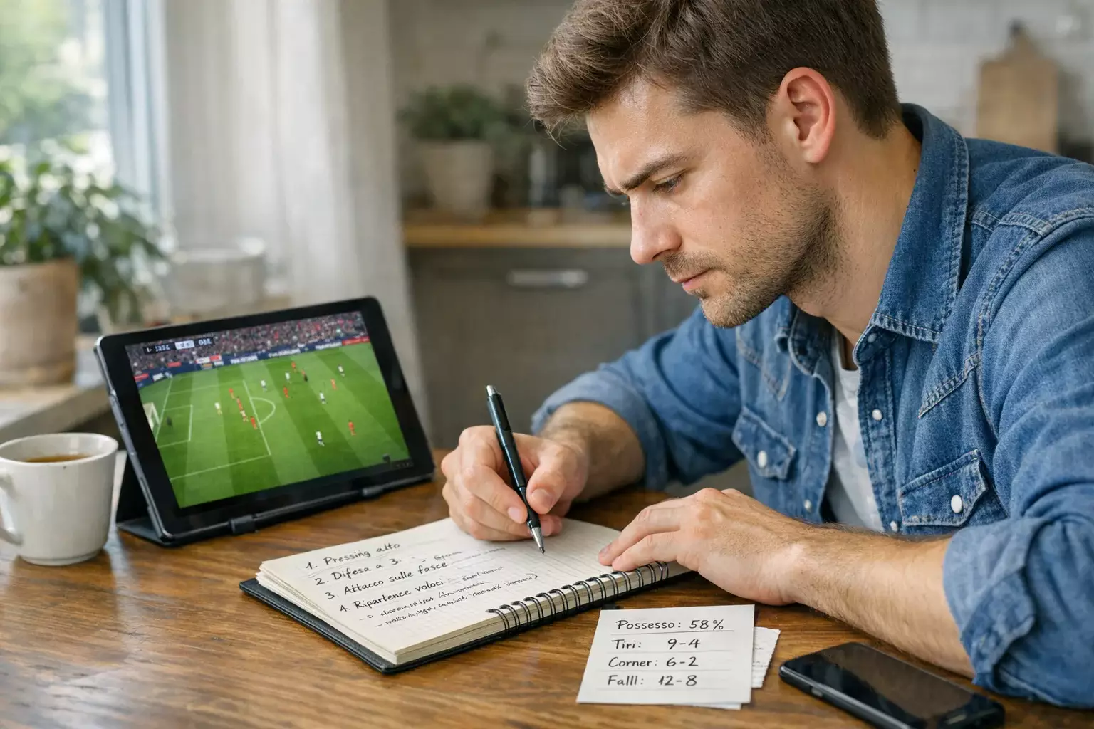 Persona concentrata che prende appunti durante l'analisi di una partita di calcio