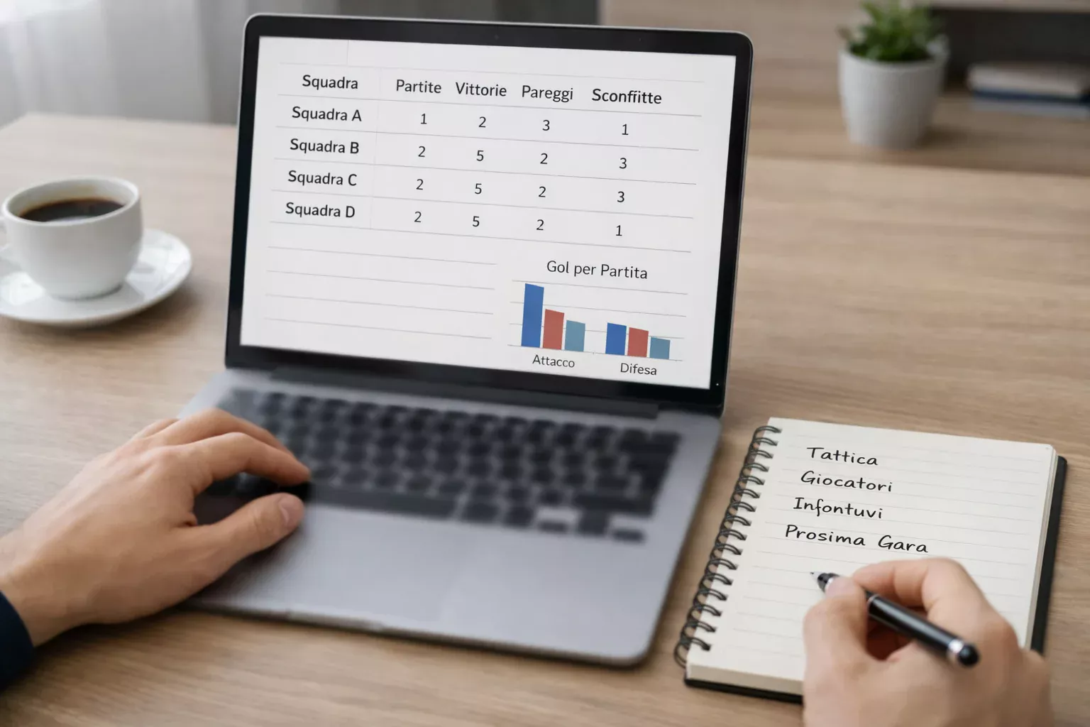 Persona che analizza statistiche di calcio su un laptop con appunti