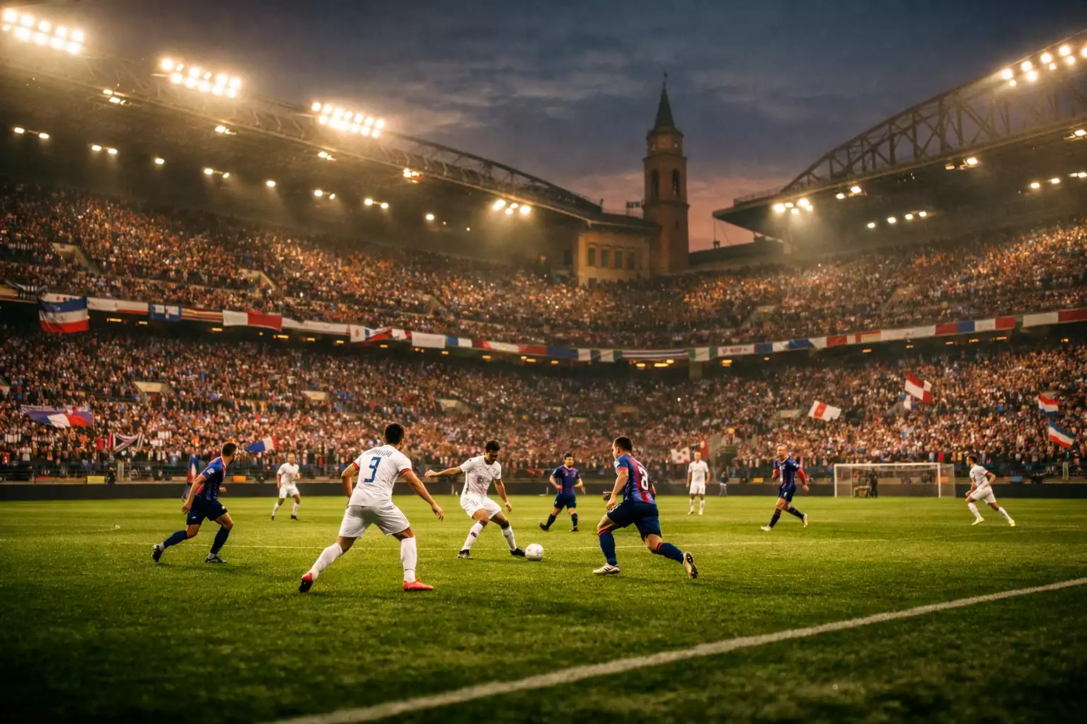 Stadio di calcio italiano durante una partita di Serie A con tifosi entusiasti