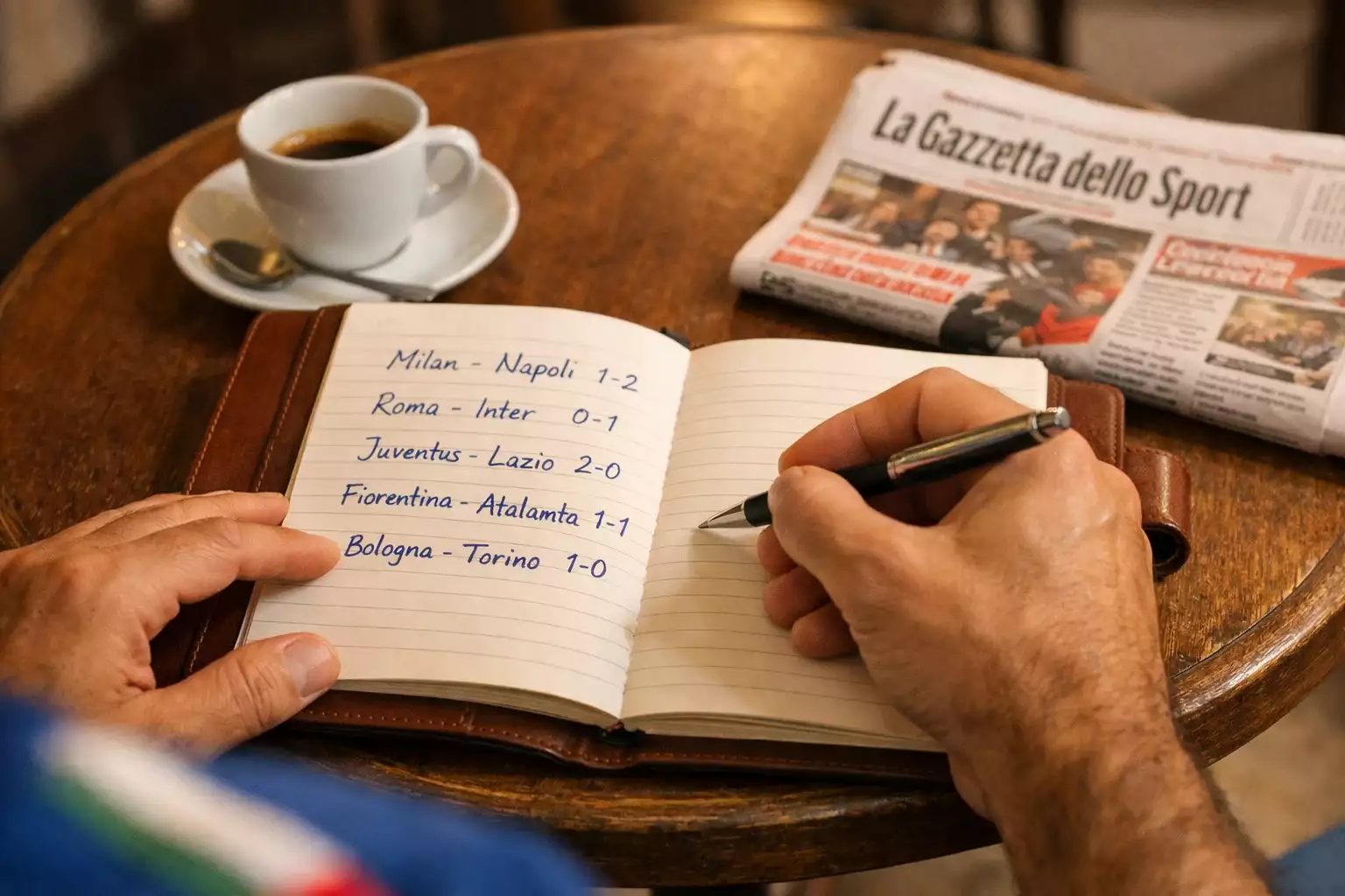 Tifoso italiano che pianifica scommesse su un blocco note con partite di Serie A