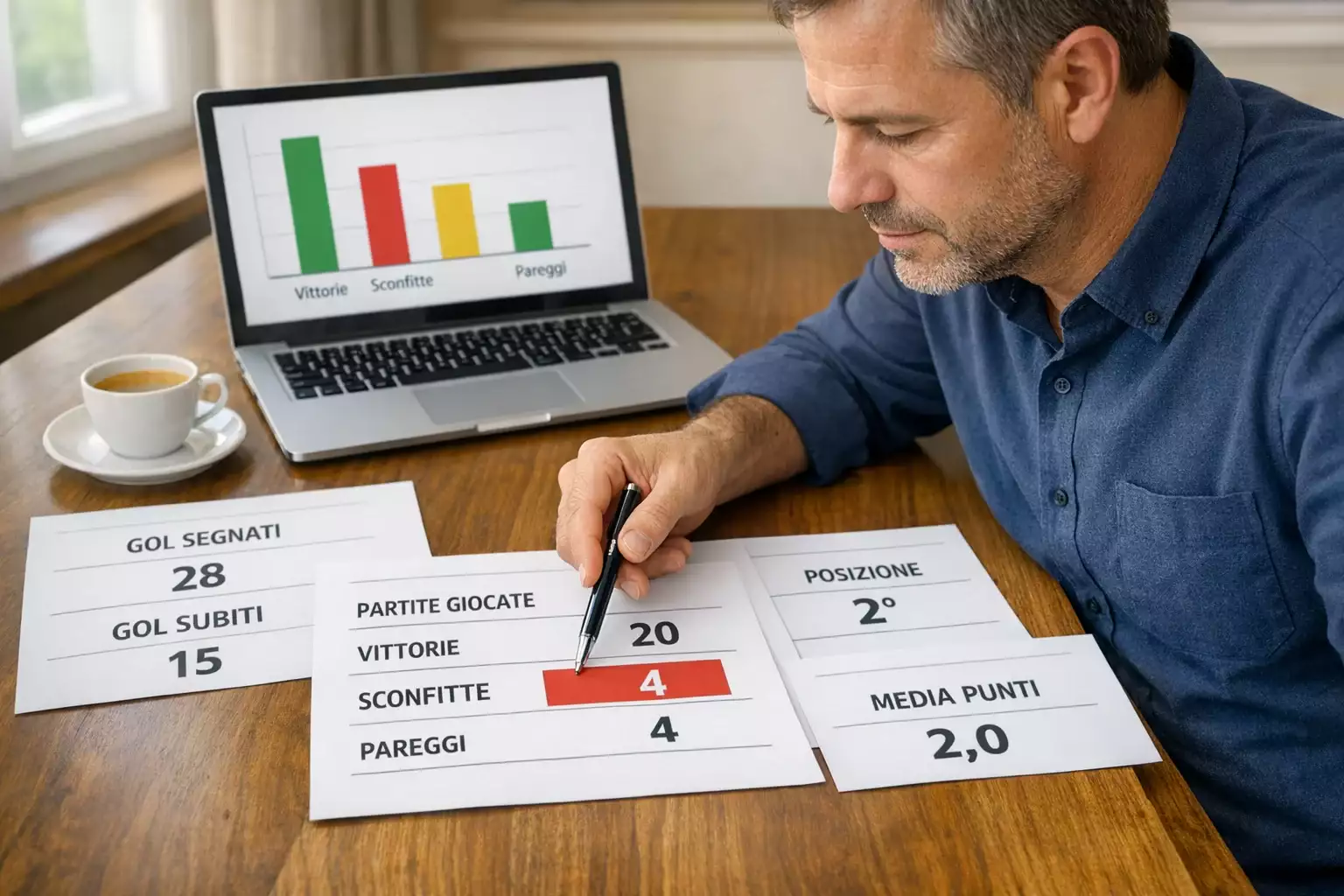 Analista che studia dati statistici del campionato italiano su documenti