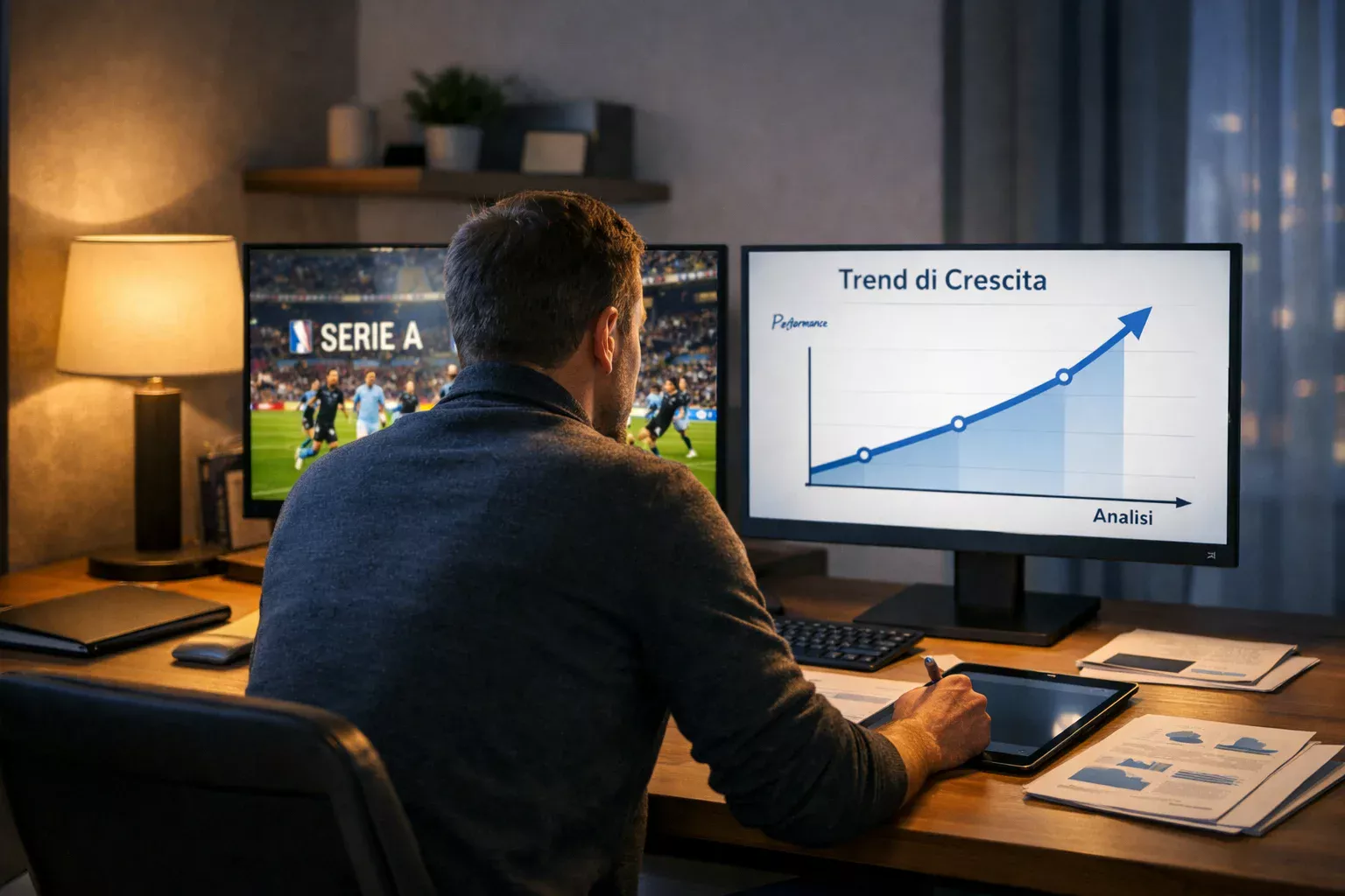 Analista sportivo che studia partite di Serie A su più schermi