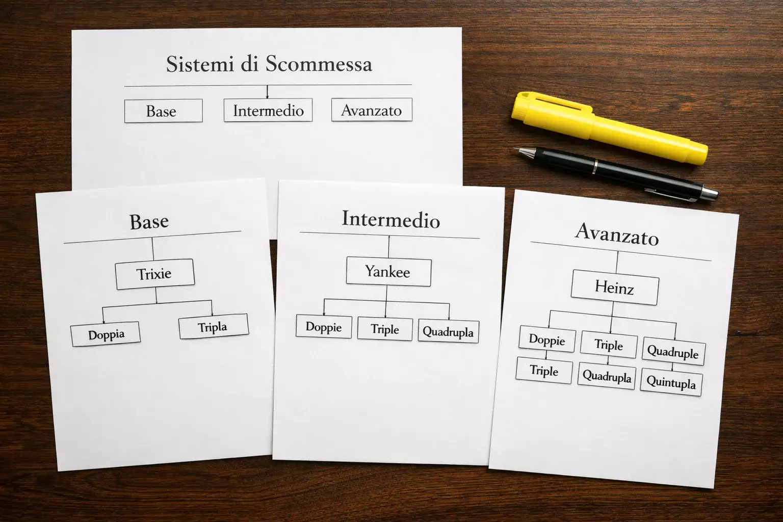 Documento con schema delle tipologie di sistemi scommesse su una scrivania