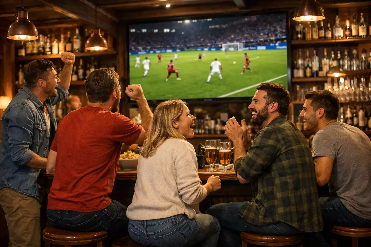 Tifosi che guardano una partita di calcio su un grande schermo in un bar